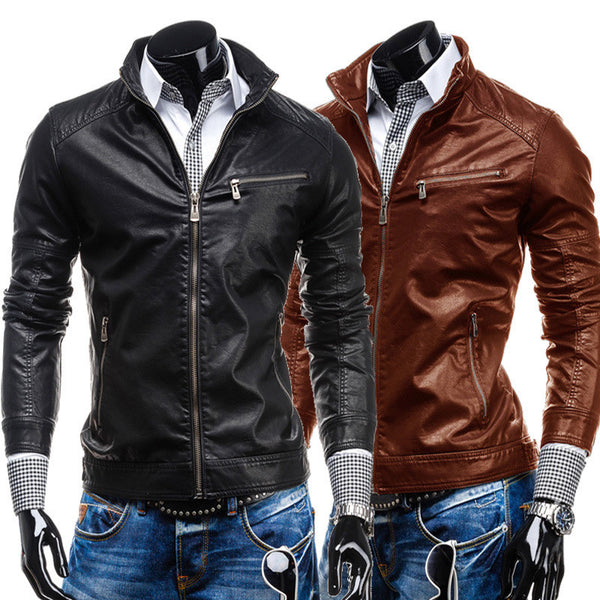 2015 Free shipping New Early Spring Men's Leisure zipper multi-pocket collar PU leather,Men's Fashion.